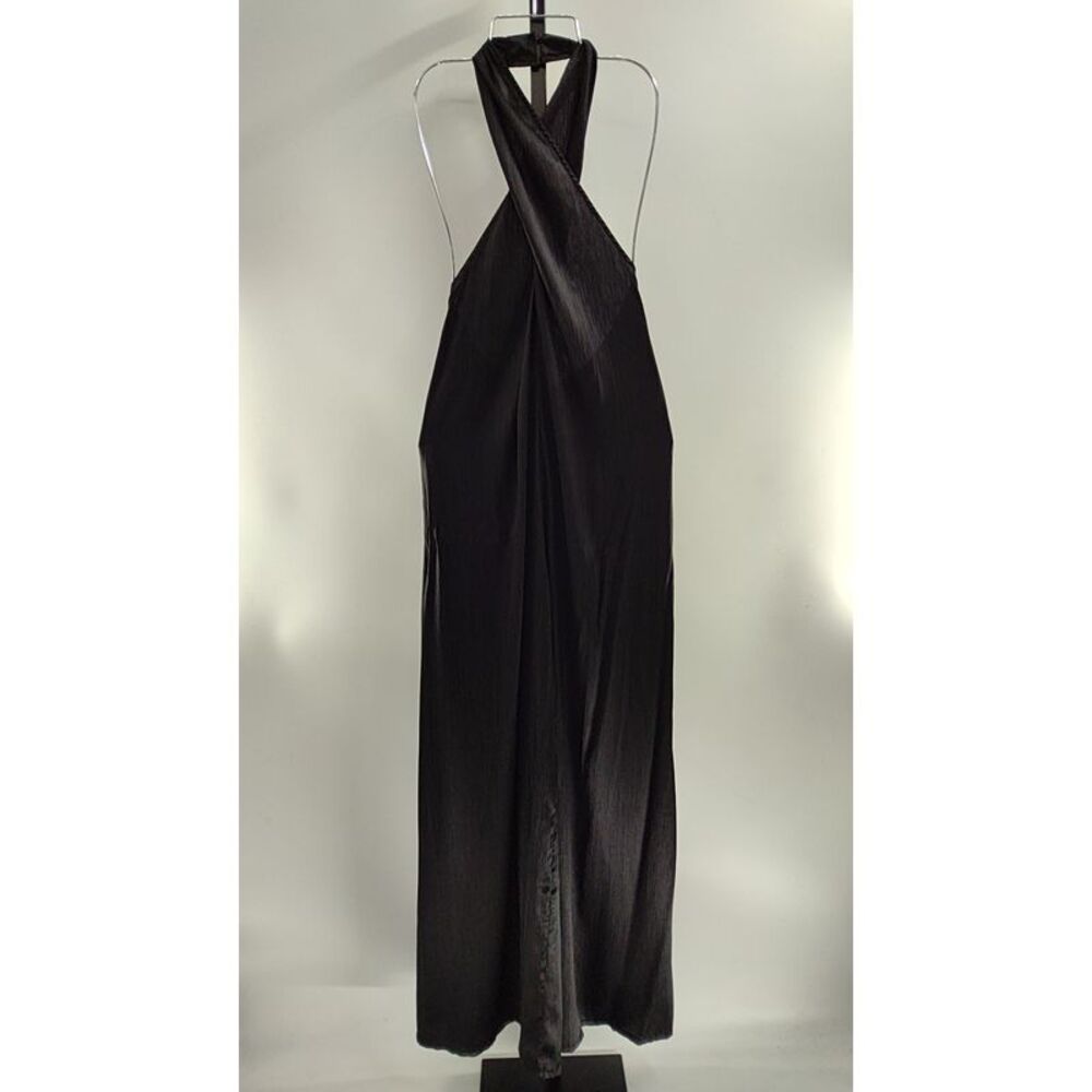 Lulus Women Charismatic Muse Satin Wide-Leg Halter Jumpsuit Black X-Small - Picture 2 of 3
